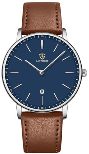 aswan watch Flache Herren Analog Quarz Armbanduhr mit Lederarmband, Datum, 2 Zeiger, 39 mm Gehäusegröße