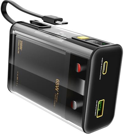 Power Bank 65W 20000mAh USB-C PD3.0 QC4.0 Bateria Externa Carga Rapida Cable USB-C de 65W Incorporado para MacBook portátil DELL HP portátil iPhone Samsung Stream Deck