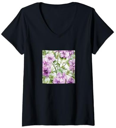 Womens Phlox Watercolor Wildflower Pattern Graphic V-Neck T-Shirt