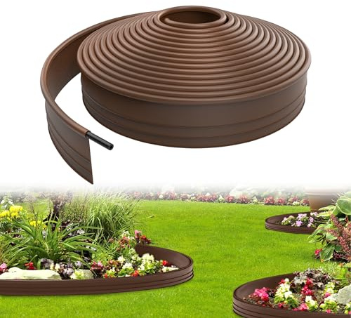 UISEBRT Flexible Rasenkante Kunststoff 15m - Beetumrandung mit runden Oberkante Beeteinfassung - Verhindert Wurzelausbreitung - Stabile Beetbegrenzung, 9,6 cm x 15m, Braun
