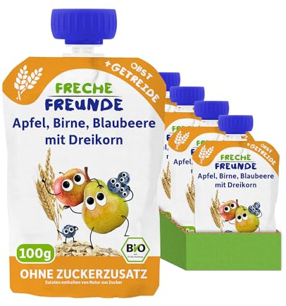 FRECHE FREUNDE Bio Quetschies Apfel, Birne, Blaubeere & Dreikorn, (6x100g)