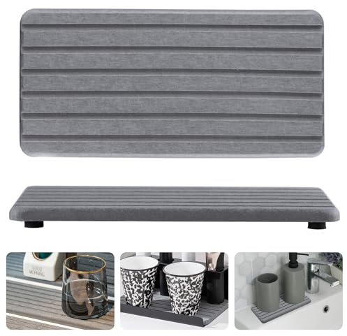 2 Stück Abtropfmatte Geschirr, 21 x 10 cm Wasserabsorbierender Stein Badezimmer Waschbecken Matte Abtropfmatte mit Schmutzabweisender Gummisohle Abtropfmatte Spüle Kaffeematte für Küche-Dunkelgrau