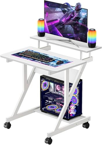 Dripex Computer Desk with Monitor Shelf - Mobile Z Shaped Home Office Desk with Storage Shelves and Movable Wheels for Small Spaces, Compact Corner Desk Space-Saving, White