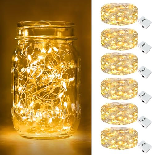 btfarm 6 Pack LED Fairy Lights Battery Operated, 2M/72FT 20LED Mini String Lights, IP65 Waterproof Silver Wire Small Bottle Light Indoor Outdoor for Jars, Christmas, Wedding, Party - Warm White