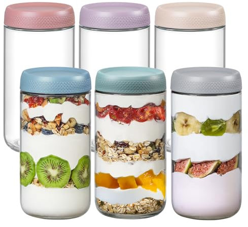 NETANY 6-pack 24oz Glass jars with Airtight Lids, Overnight Oats Containers with Lids, Wide mouth Mason Salad jars, Glass Food Storage Containers for Snacks Yogurt Spice Sugar