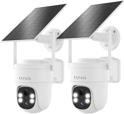 CAYVIS Telecamera Wi-Fi Esterno Senza Fili, 2K 3MP Videocamera Sorveglianza Esternocon Pannello Solare e Batteria, Visione Notturna a Colori,Rilevamento Umano PIR, 2 Vie Audio,Alexa (2 PCS)