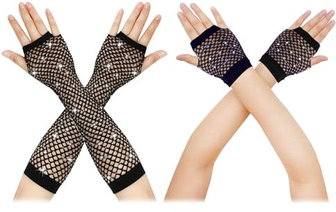 Gants Fluo Annee 80 2 Paires, Longues et Courtes Gants Resille Fluo Strass Gants Sans Doigts Néon Sparkling Gants Long en Résille Femmes 80 's Party Robe Fantaisie Accessoires Vestimentaires