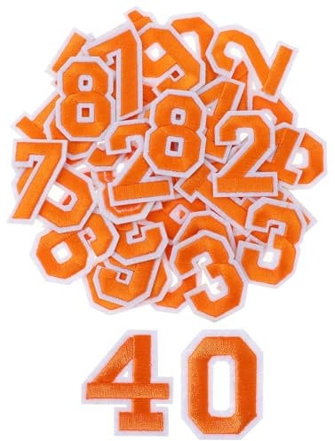 40 Stück Iron on Numbers Patches, Orange Number Patches, Zahlen Patches, 0-9 Zahlen Bestickte Patches, Zahlen Bügelbilder Selbst Gestalten Aufnäher for Jeans Hut Jacke Rucksack Hemden (4,5 x 3,2 cm)