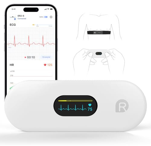 CheckMe ER2-S ECG Portable, pour le Domicile, Appareil ECG avec Ceinture Thoracique, 30s - 15Mins, Stockage Illimité des Données, écran OLED 0,96 Pouces, pour iOS & Android