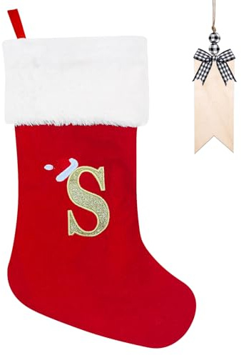 Weihnachtsstrumpf Personalisiert 50cm Großer Nikolausstrumpf mit Buchstaben Plüsch Stockings Hängender Weihnachtsmann mit Namensschild Ornamente Weihnachtsdekorationen für Weihnachtsbaum und Heim (S)