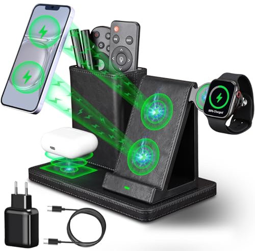 LADSTAG Büro Organizer Schreibtisch mit 3 in 1 Induktive Ladestation, Leder Stiftehalter Schreibtisch Organizer 15W Apple Wireless Charger Kabelloses Ladegerät für iPhone, Samsung, iWatch, AirPods