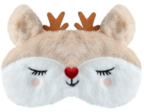 VerteLife Schlafen Augenmaske Weihnachten Schlafbrille Weiche Plüsch-Schlafmaske Neuheit Reisen Augenabdeckung Cartoon Tier Augenbinde für Kinder Erwachsene (Weihnachtsgeweih,Weiß)