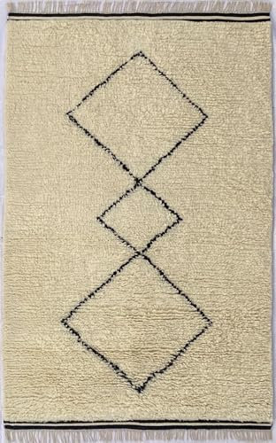 Morocco Berber Teppich Shaggy 100% Wolle Schwarz Elfenbein Handgefertigter BM3 (Größe: 170 cm x 240 cm)