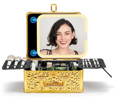 OMIRO Makeup Box with Led Mirror, Portable Beauty Cosmetic Organizer Case with Detachable Magnetic Lighted Mirror for Travel-(Luxury Gold)