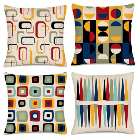 HIKENVIU Mid Century Moderne Vintage-Retro-Dekor-Kissenbezüge, 45,7 x 45,7 cm, Set mit 4 Kissenbezügen für Couch, Bett, Sofa, Stuhl, Kissen, Wohnzimmerdekoration