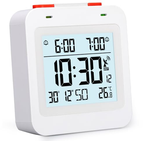 VINILITE Reloj Despertador Digital Radiocontrolado con Temperatura, Reloj Digital Sobremesa, Reloj de Viaje a Pilas, Blanco