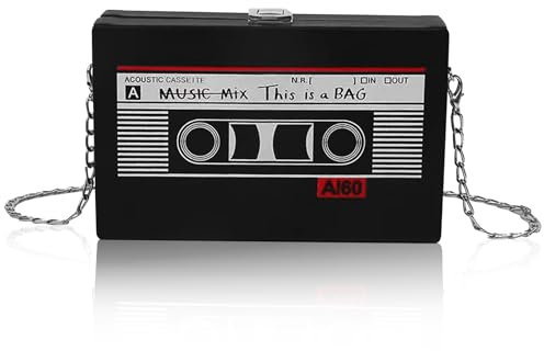 PRITOK Borsa a tracolla in stile retrò, a cassetta: per radio, borsa a tracolla a cassetta, borsa a tracolla obliqua per feste in discoteca anni '80 anni '90, Nero