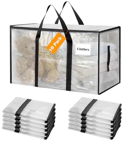 Withosent 100L Aufbewahrungstasche Groß Gewebt, 10er Wasserdicht Umzugstaschen mit Reißverschluss und Griff, Alternative zur Umzugskartons, Faltbar Moving Bags für Bettdecken Camping Aufbewahrung