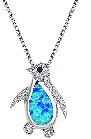 IMINI Blauer Opal Pinguin Anhänger Halskette für Frauen Teens Zirkonia Tier Charm Box Kette Choker Verstellbar Leicht Nickelfrei Schmuck Geschenk, M, Metall, Zirkonia