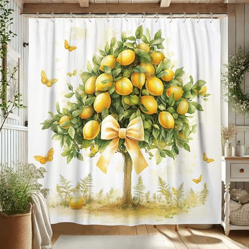 Lemon Tree Shower Curtain, Watercolor Yellow Green Lemon Bath Curtain for Kitchen Bathroom Decor, Spring Summer Fresh Modern Nature Waterproof Fabric Shower Curtain Set with Hooks 62x72 Inch