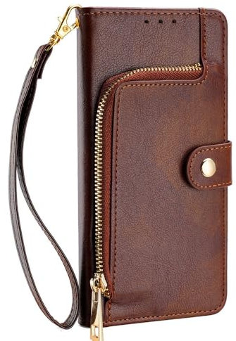 SETNGB Leather flip zipper card holder mobile phone case for iPhone 11 12 13 14 15 16 Pro Max 14 15 16 Plus wristband anti-fall protective case,brown,For iPhone 15 Pro Max
