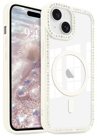 LCHULLE Magnetic Case for iPhone 15,[Compatible with MagSafe] Clear Cute Glitter Bling Diamond Phone Case,Women Girls Sparkly Camera Lens Protector Cover for iPhone 15 6.1,White | Luxury Diamond Compatible with MagSafe Shiny Sparkle for Girls Women | Soft TPU and Hard PC Shell Shockproof Phone Case