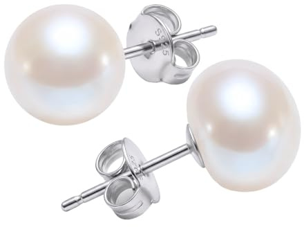 YAMI Perlenohrringe Silber 925, 6-9.5mm Weiß/Rosa SüßwasserPerle Ohrstecker | Damen-Ohrringe Perlen aus Echten Zuchtperlen in Knopfform, Hypoallergen