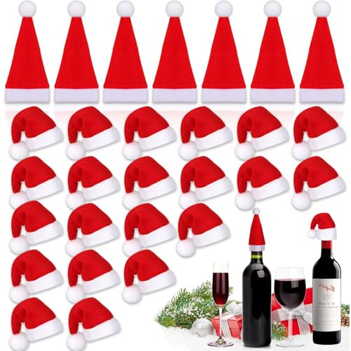 Huanmin 30 Stücke Mini Weihnachtsmützen, Rot Mini Weihnachtsmütze, Weihnachtsmann Mütze Klein, Nikolausmütze Klein, Für Tasse Besteck Flasche Xmas Party Tischdekoration