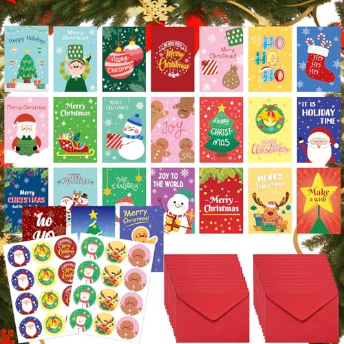 24 Weihnachtskarten mit Umschlag Set, 24 Premium Weihnachtspostkarten Klappkarten Weihnachtsgrußkarten Christmas Cards mit Aufkleber Ideal für Geschenke,Kollegen,Familie & Weihnachtsgrüße- (B)