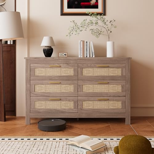 Saitedudu Rattan Kommode aus Holz mit 6 Schubladen, 120x40x75cm Moderne Kommoden für Schlafzimmer, Wohnzimmer und Flur