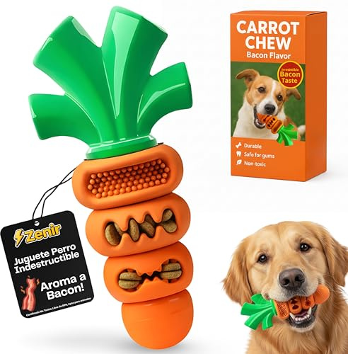 Zenir Juguete Perro Indestructible Zanahoria con Aroma a Bacon | Juguetes para Perros Masticadores Agresivos Antiestres y Ansiedad | Mordedor Perro Resistente. Juguetes Perros Grandes y Medianos