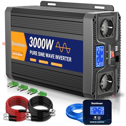 Inversor 3000W 12V 220V Onda Pura, Transformador 12V Convertidor para Coche | Inversor Onda Pura , Con pantalla LCD, mando, enchufe CA y USB-C. Ideal para autocaravanas, coches, solar, camping y apagones