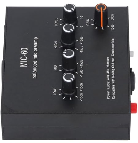 AKLOSIPY Mikrofonvorverstärker mit 3,5-mm-6,5-mm-XLR-Eingängen, 60 DB Verstärkung und 48 V Leistung, Tragbarer Verstärker für Heimstudio und Live-Auftritte