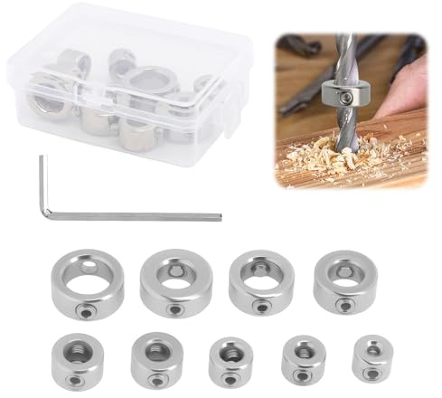 9 Piezas Juego de Anillos de Tope para Taladro, Limitador de Profundidad 3/4/5/6/7/8/9/10/12mm con Llave Allen Carbono Taladro Collares Ajustables de Acero para Bricolaje y Carpintería Precisa