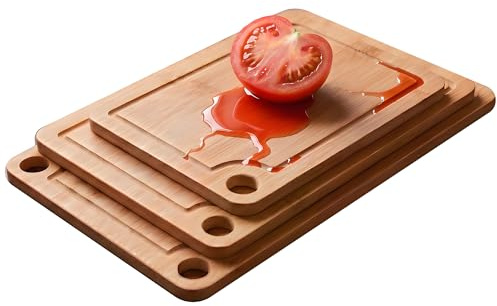MinteLiv Schneidebrett Holz Set 3er Bambus - Holzbrett Küche Saftrille | zum Frühstück, für Jause und Käse, Chopping Board, Holzbrettchen, beidseitig nutzbar, messerschonend, leicht zu reinigen