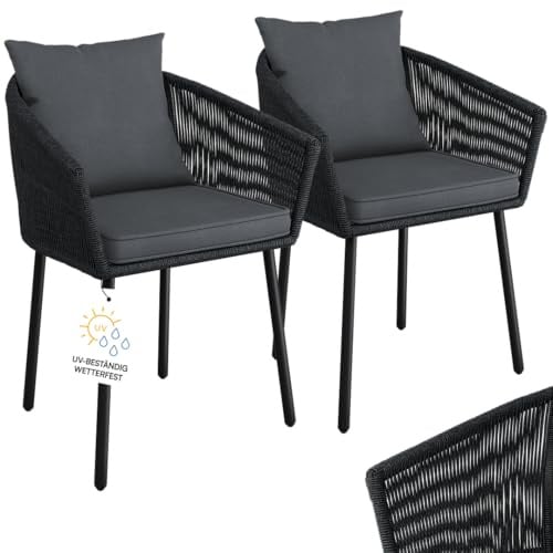 STEELSØN Nair Gartenstühle 2er Set, Schwarz, Rattan, Kissen, bis 160 kg | Terrassenstuhl, Outdoor Schalenstuhl Garten/Balkon/Terrasse, Loungesessel wetterfest, Metallgestell, Balkonstuhl, Gartenmöbel