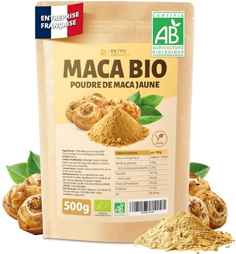 DETOX ORGANICA Maca Bio - 500g Poudre de Maca Jaune Bio | 100% Nature et Vegan - Racine du Pérou riche en Vitamines et Minéraux - Fertilité et Boost d'Energie - Qualité Premium