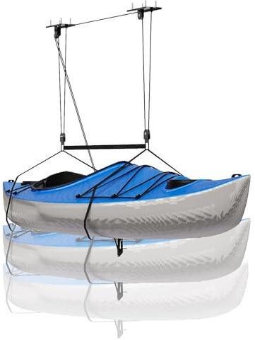 Kayak Storage Hoist Cargo Box Garage Pulley System, Heavy Duty Ceiling Hoist for Roof Box Storage, Holds Up to 150 Lbs / 68 kg, Adjustable Straps, Dual Fixing Design, Overhead Garage Organiser