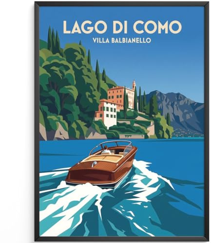MJ-GRAPHICS® Poster Lago di Como Bilder Villa Balbianello Kunstdruck Stil Retro Wandbild Blau Deko Wohnzimmer elegante Landschaftsaufnahme transatlantischer Flair 50x70 mit beigem Rahmen