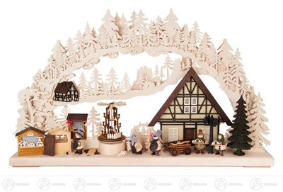 Rudolphs Schatzkiste Schwibbogen Weihnachtsmarktbau groß, indirekt elektrisch beleuchtet Breite x Höhe x Tiefe 72 cmx43,5 cmx11 cm NEU Erzgebirge Lichterbogen Fensterbild