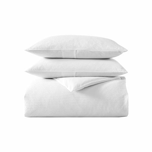 Vera Wang - King Duvet Cover Set, Luxury Cotton Bedding with Button Closure, Includes Matching Shams (Waffle Pique White, King)