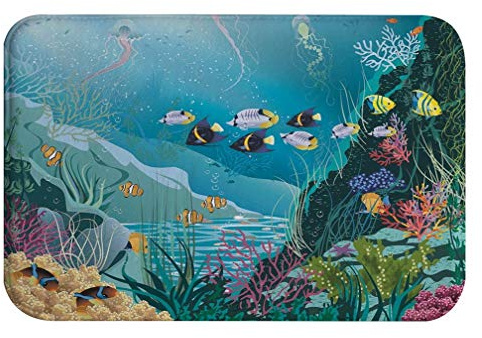 A.Monamour Badematten Badteppiche Badvorleger Unterwasserlandschaft Mit Verschiedenen Wasserpflanzen Fisch Korallenriff Meereslebewesen Flanell rutschfeste Bodenmatte Für Badezimmer Küche 40x60cm