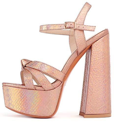 elashe-Scarpe da Donna - 6 Scarpe col Tacco Blocco Alto- Cinturino alla Caviglia- Scarpe con Plateau Oro Rosa EU46