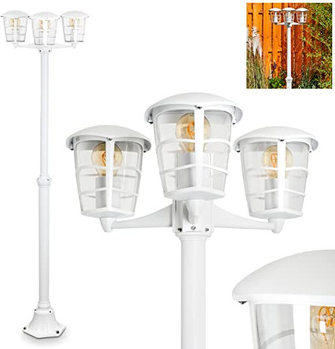 Außenwegeleuchte Lalwori, 3-flammige moderne Wegeleuchte aus Metall in Weiß und Kunststoff-Scheiben, Gartenlampe mit 3 x E27-Fassung, IP44, ohne Leuchtmittel
