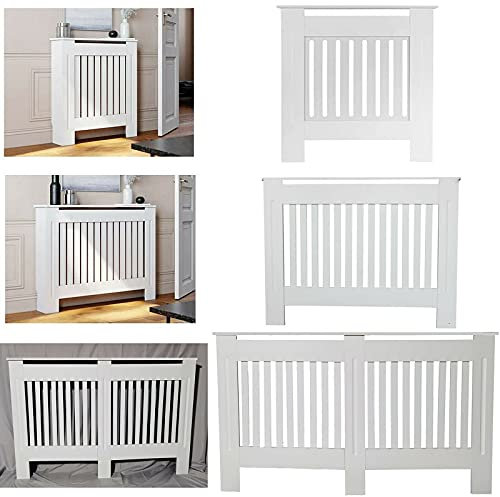 DayPlus Radiator Covers White Tall Slatted Shelf Cabinet MDF Modern Painted Cabinet Living Room Furniture Heating Grill Wall Radiator Cover Traditional Heater Large-H 82 x W 152 x D 19 Cm