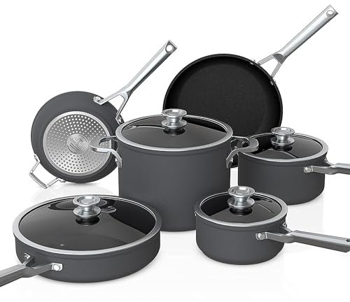 Ninja C59500 Foodi NeverStick Premium 10-Piece Cookware Set, Anti-Scratch Nesting Pots & Pans with Glass Lids, Hard-Anodized, Nonstick, Durable & Oven Safe to 500°F, Slate Grey