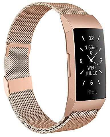 Moydolo Compatible with Fitbit Charge 3 Strap/Fitbit Charge 4 Strap, Men Women Stainless Steel Metal Adjustable Magnetic Loop Mesh Replacement Band for Charge3/Charge 4/Charge 3 SE, Large Rose Gold