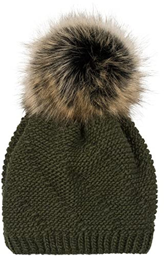 styleBREAKER Unisex Einfarbige Strick Bommelmütze fein gestrickt mit Fleece Futter, Winter Fellbommel Mütze 04024175, Farbe:Oliv