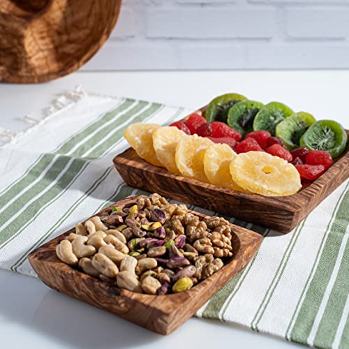 Darido Olivenholz Snackteller 2er Set- 16 * 16 CM und 12 * 12 CM - Rechteckige Obstteller - Trockenobstteller - Servierteller