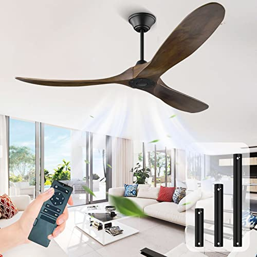 52 Inch Outdoor Ceiling Fan, Wood Ceiling Fan Without Light with Remote Control, 3 Blades Moisture-Proof Large Indoor Fan with 6 Speed Noise-Free DC Motor for Bedroom Patios Kitchen